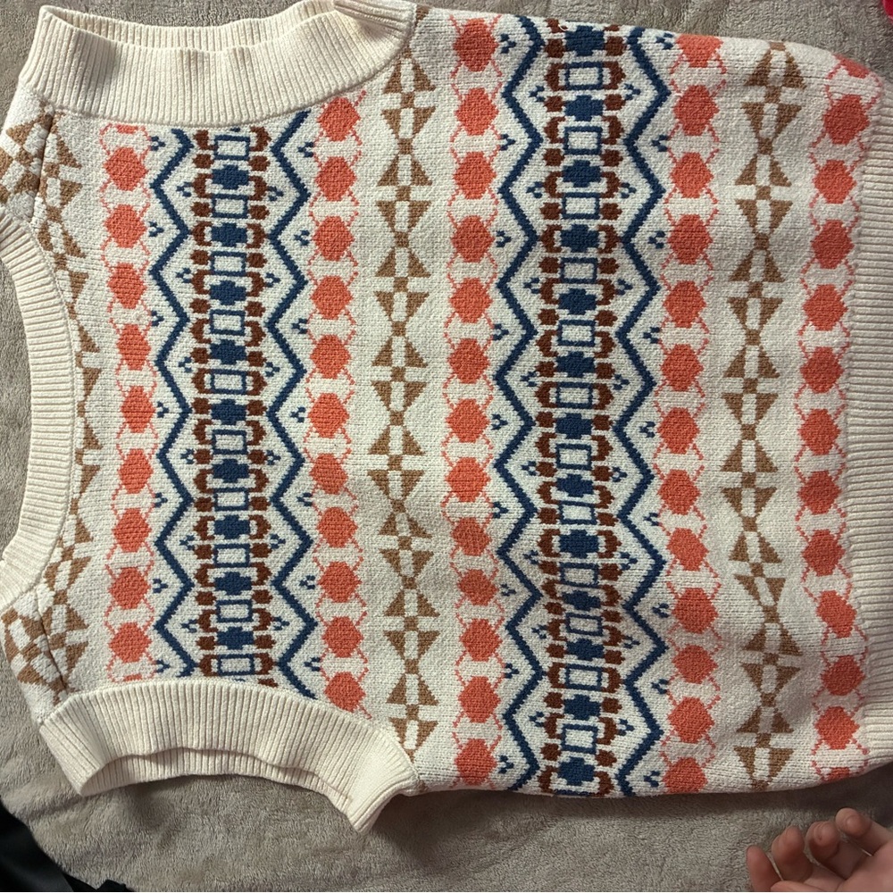 Patterned Knit Sweater - White, Orange, Blue, Brown
